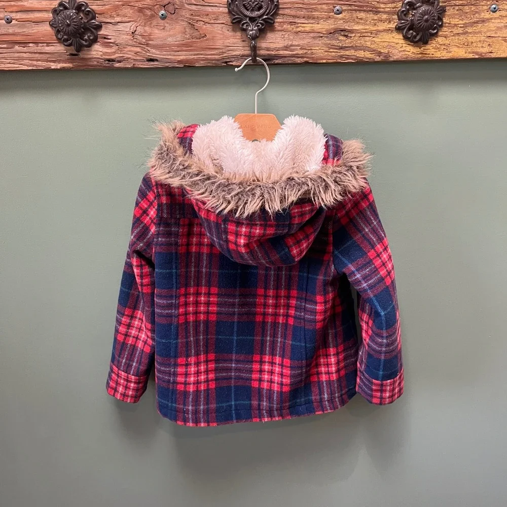 Mini Boden Kids Red‎ Plaid Wool Blend Duffle Coat Faux Fur Hood 5-6Y